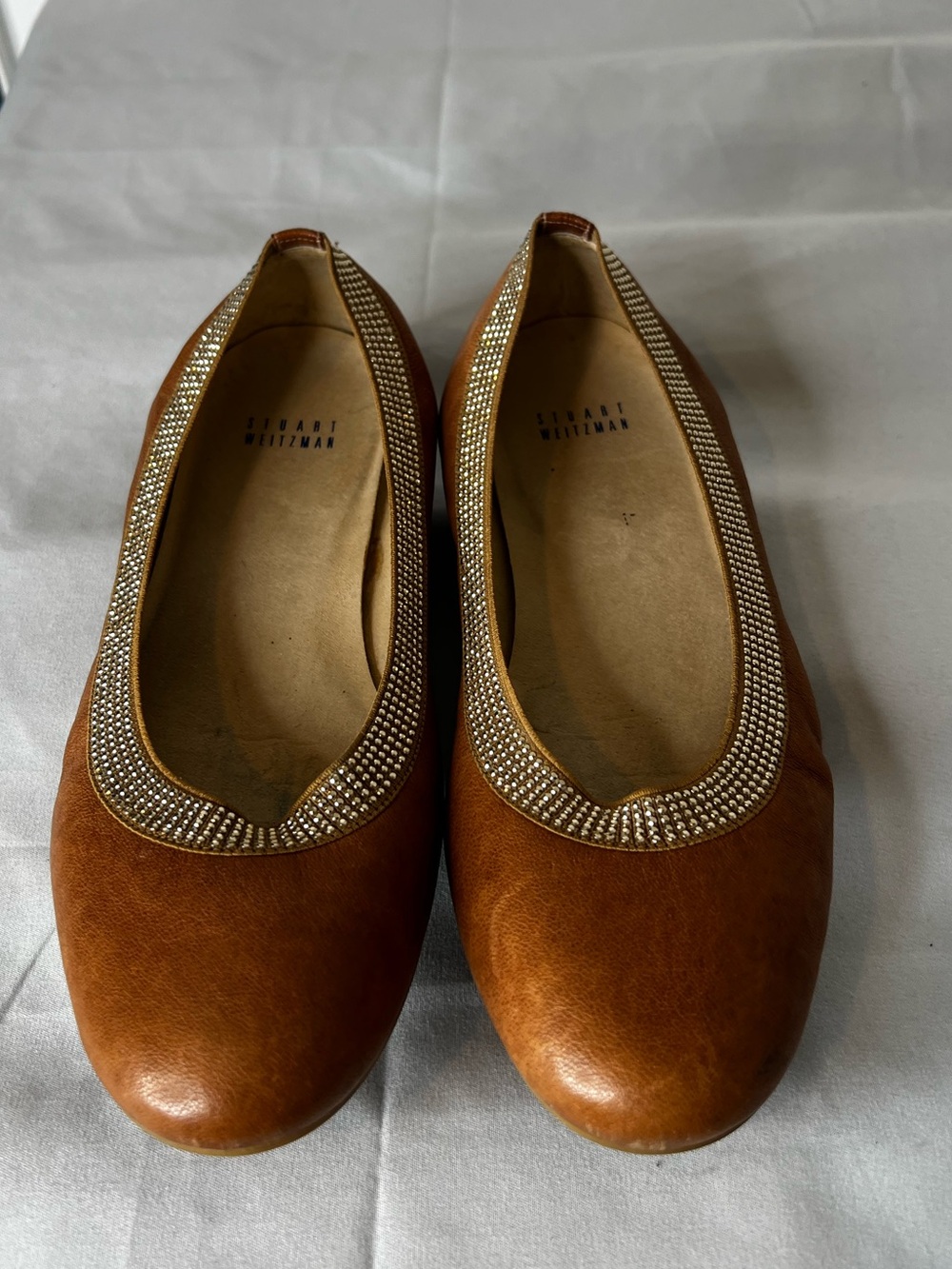 Stuart Weitzman Tan Brown Leather Ballet Flats with Crystal Trim Size 8.5